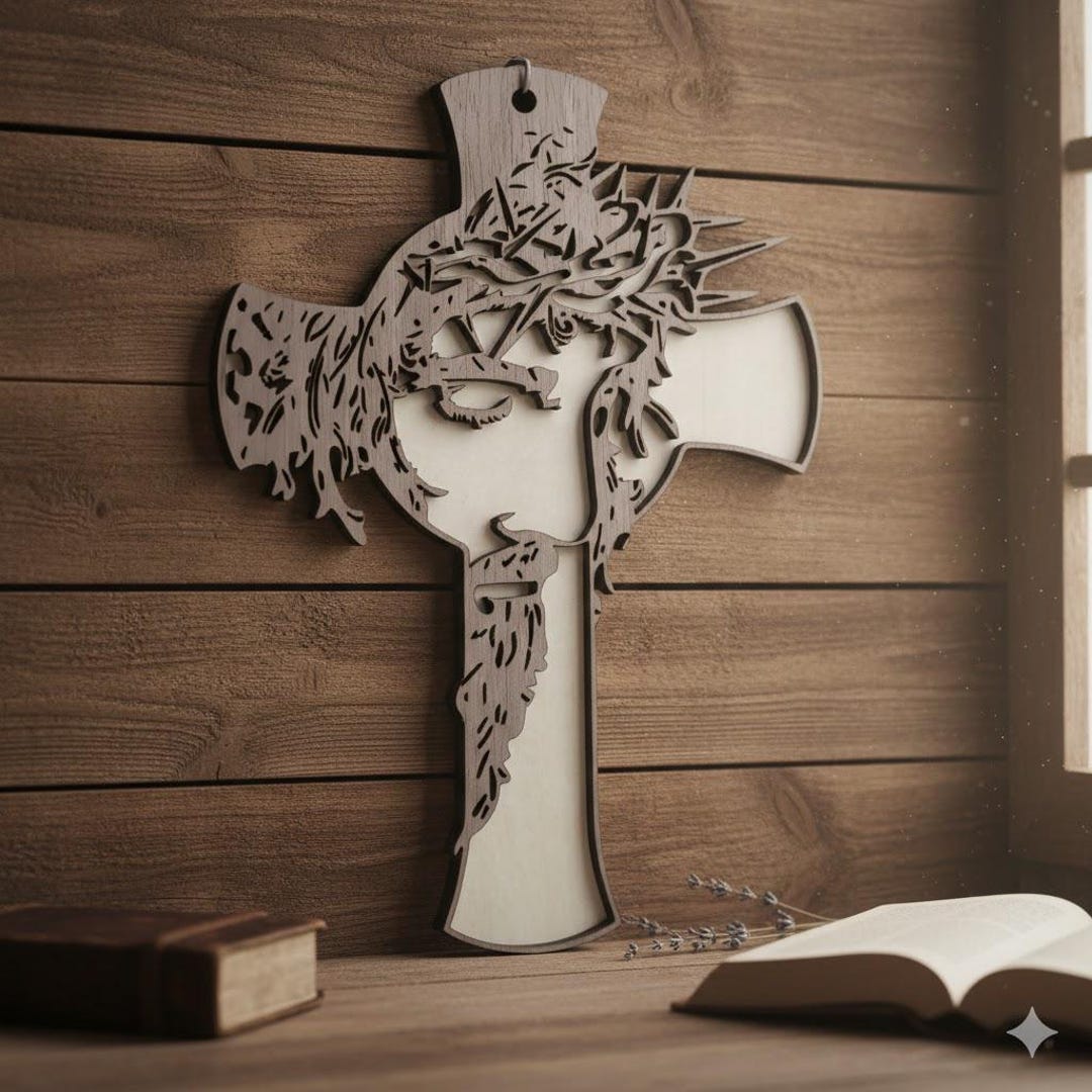 Jesus Face Cross: Laser Cut Walnut Wood, First Communion Gift