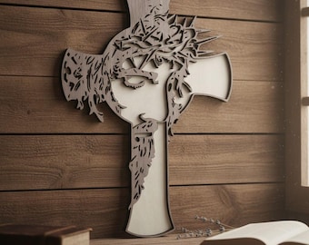 Cruz con el rostro de Jesús – Crucifijo de madera de nogal cortado con láser – Arte mural católico – Regalo de Primera Comunión, Regalo de Bautismo