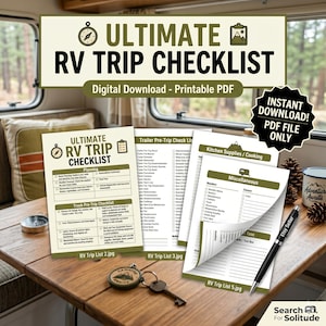 May include: A digital printable Ultimate RV Trip Checklist PDF featuring sections for planning, truck pre-trip, trailer pre-trip, kitchen supplies, and miscellaneous items. The document includes icons of a compass and a clipboard with a mountain graphic.