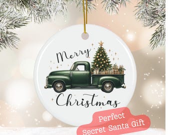 Vintage Truck Christmas Ornament, Ceramic, Green, Holiday, Tree, fashioned, stocking stuffer, secret Santa, work gift exchange, mom present