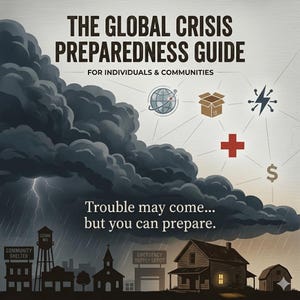 May include: An illustrated guide titled "THE GLOBAL CRISIS PREPAREDNESS GUIDE" with the tagline "Trouble may come... but you can prepare." The image features a stormy sky, lightning, and various icons representing preparedness.
