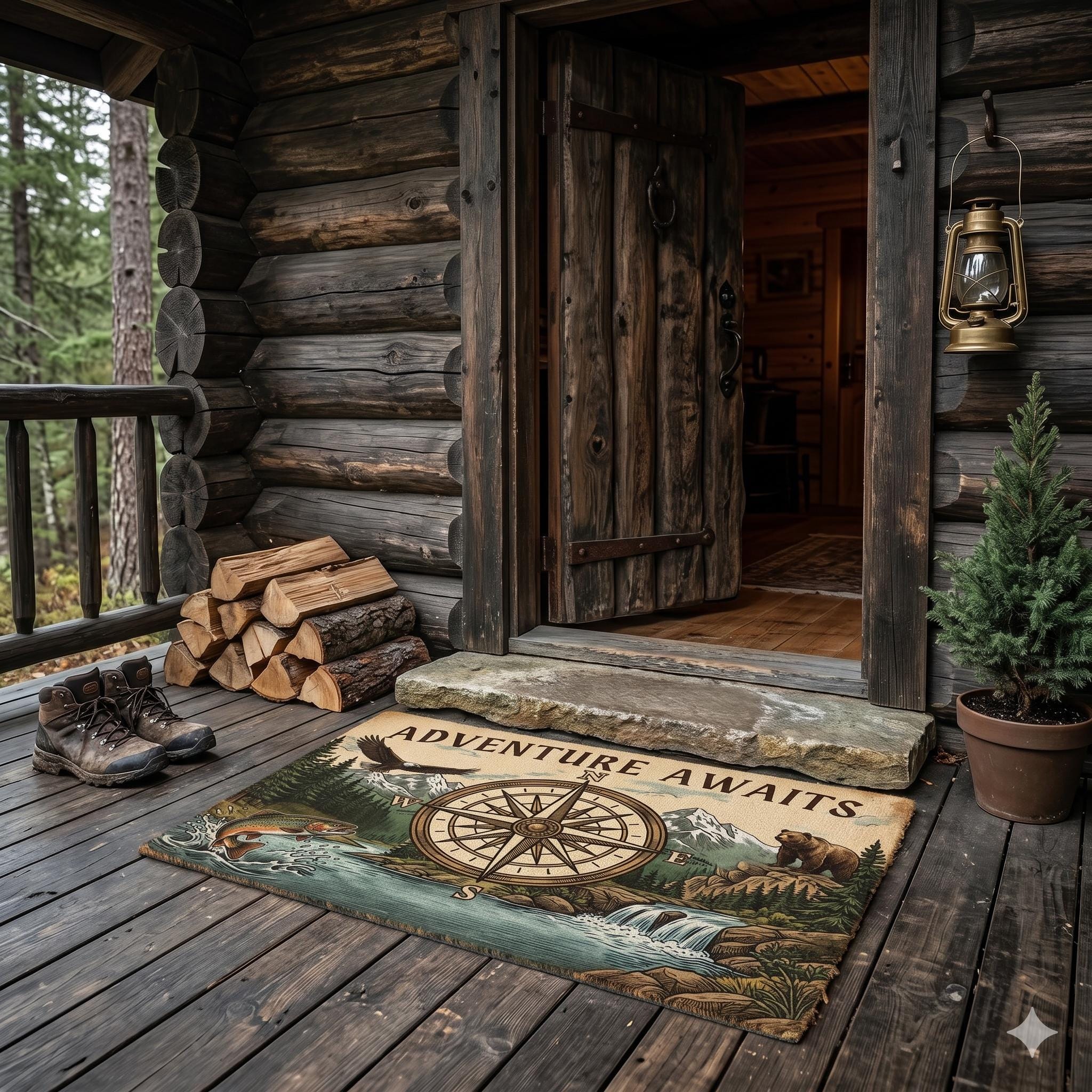 Outdoor Rug-adventure Awaits, Rustic Compass Wilderness Area Rug, Bear ...