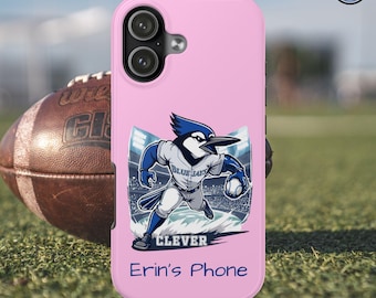 May include: A pink phone case featuring a cartoon Blue Jay baseball player in a stadium setting. The case has the text "Clever" and "Erin's Phone" in a script font. A football is in the background.