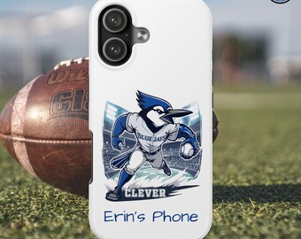 May include: White phone case featuring a cartoon Blue Jay baseball player with the text "CLEVER" and "Erin's Phone". The case is next to a brown football on a green field.