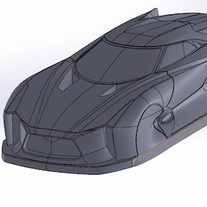 Może przedstawiać: Szary, opływowy model samochodu sportowego o niskim profilu i aerodynamicznej konstrukcji. Samochód ma szczegółowe nadwozie z widocznymi konturami, panoramiczną przednią szybą i wyraźnymi panelami bocznymi. Model na białym tle.
