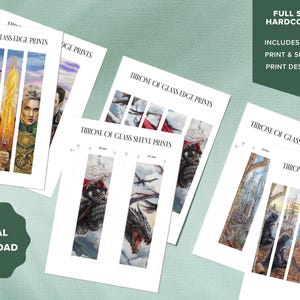 Puede incluir: Una colección de impresiones artísticas con personajes y escenas de "Throne of Glass". Las impresiones incluyen diseños de borde y manga, con el texto "Throne of Glass Edge Prints" y "Throne of Glass Sleeve Prints". Una etiqueta verde dice "Descarga digital".