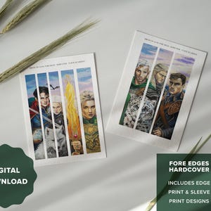 May include: Two art prints featuring character illustrations from a fantasy novel. Each print displays a series of vertical panels with portraits of characters. One print has a digital download sticker. The other has a sticker that says "FORE EDGES HARDCOVER".