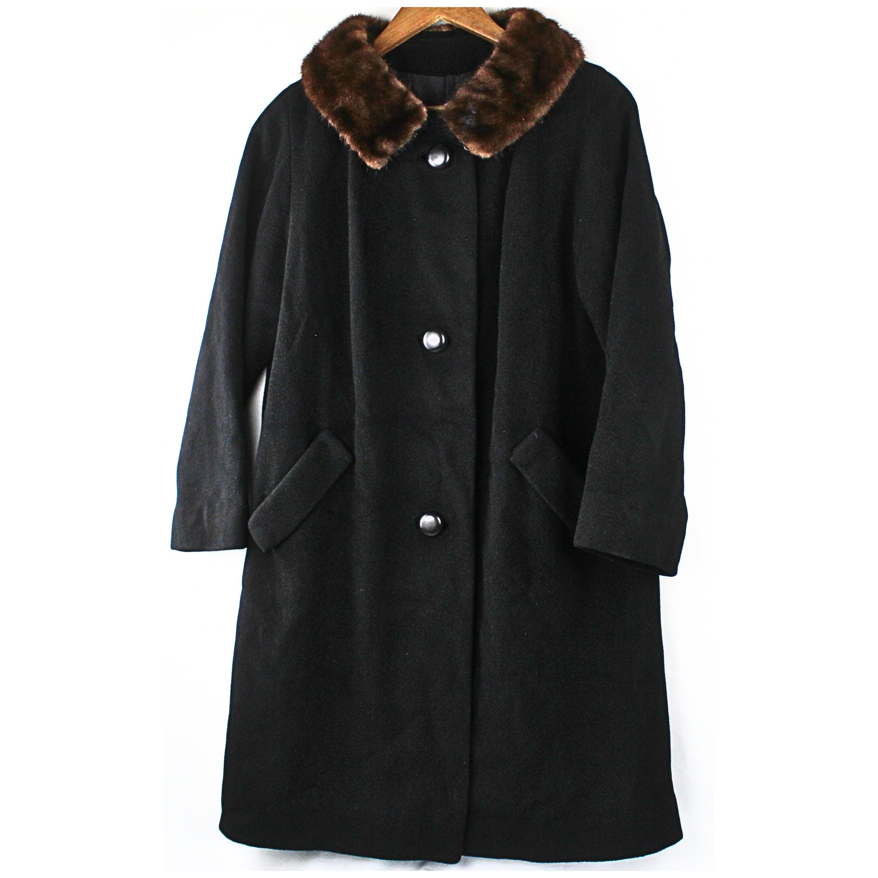 Vintage 1960s BRENT Black Wool Overcoat ~ 40 R ~ Trench Coat