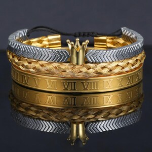Luxury Roman Numeral Crown Bracelet for Men - Stainless Steel Adjustable Bangle in Gold & Black King Viking Men- Couple’s Charm Jewelry Gift