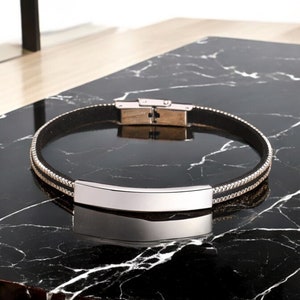Personalized Engraved Bracelet: Black PU Stainless Steel, Custom Name Date
