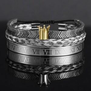 Luxury Roman Numeral Crown Bracelet for Men - Stainless Steel Adjustable Bangle in Gold & Black King Viking Men- Couple’s Charm Jewelry Gift