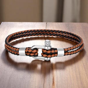 Braided Leather Bracelet with Stainless Steel Shackle - Nautical Unisex Jewelry