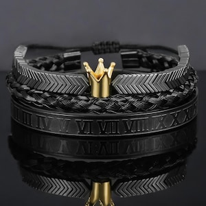 Luxury Roman Numeral Crown Bracelet for Men - Stainless Steel Adjustable Bangle in Gold & Black King Viking Men- Couple’s Charm Jewelry Gift