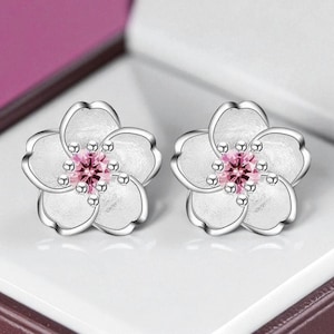 Sterling Silver Cherry Blossom Earrings: Pink Zirconia Floral Studs