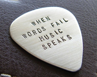 Custom Silver Guitar Pick - Hand Stamped with Your Personalized Message - Genuine Sterling Silver Pick with Leather Keychain Holder