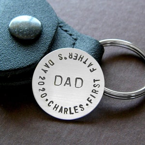 First Father's Day Gift Custom Keepsake / Golf Marker with Leather Keychain Holder Optional Personalized Hand Stamped Sterling Silver image 1