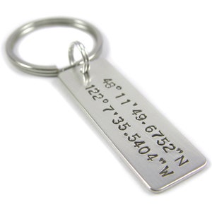Longitude Latitude Silver Keychain Personalized with GPS Coordinates Hand Stamped Sterling Silver Wide Bar, Optional Double-Sided image 1