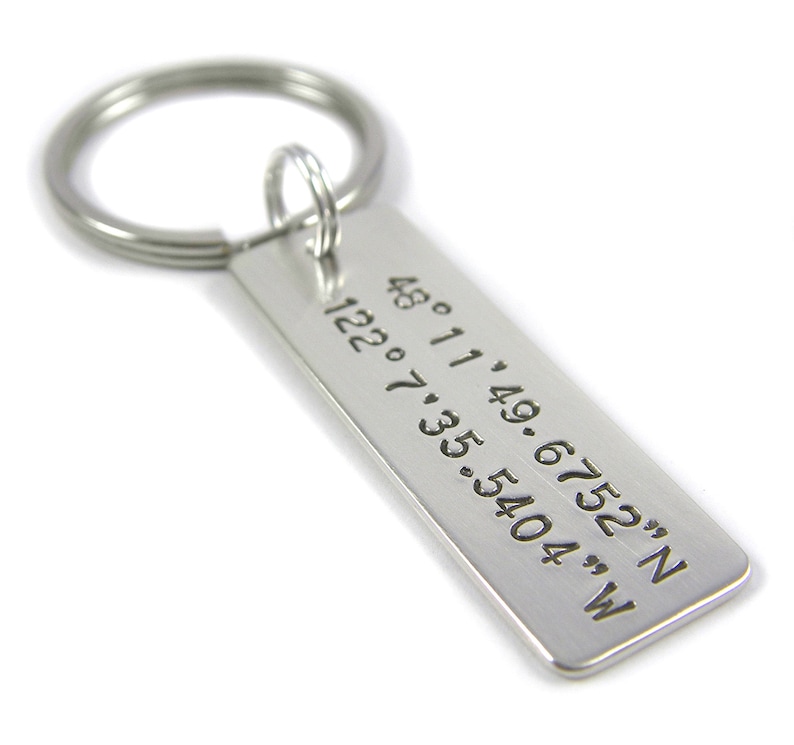 Longitude Latitude Silver Keychain Personalized with GPS Coordinates Hand Stamped Sterling Silver Wide Bar, Optional Double-Sided image 1