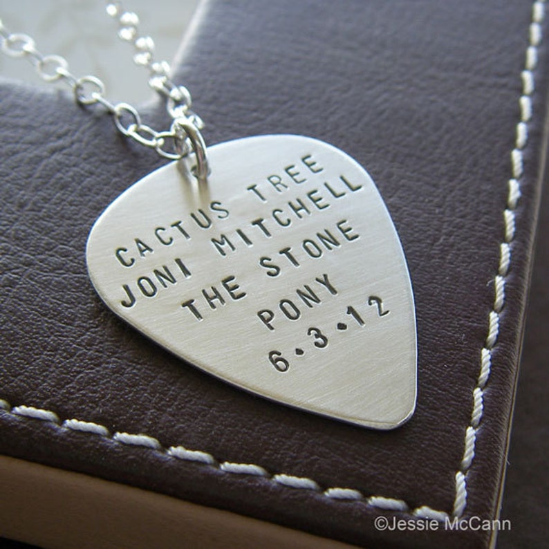 Personalized Guitar Pick Necklace Hand Stamped Sterling Silver Custom Necklace with Names, Message or Lyrics Double-Side Stamping image 2