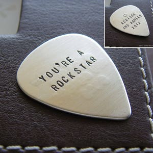Custom Guitar Pick Personalized Hand Stamped Sterling Silver Pick Heavy Guage with Double-Side Stamping Makes a Great Gift image 1