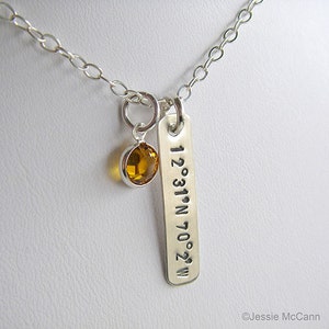 Longitude Latitude Silver Bar Necklace - Personalized GPS Coordinates - Hand Stamped Sterling Silver - Optional Birthstone or Pearl