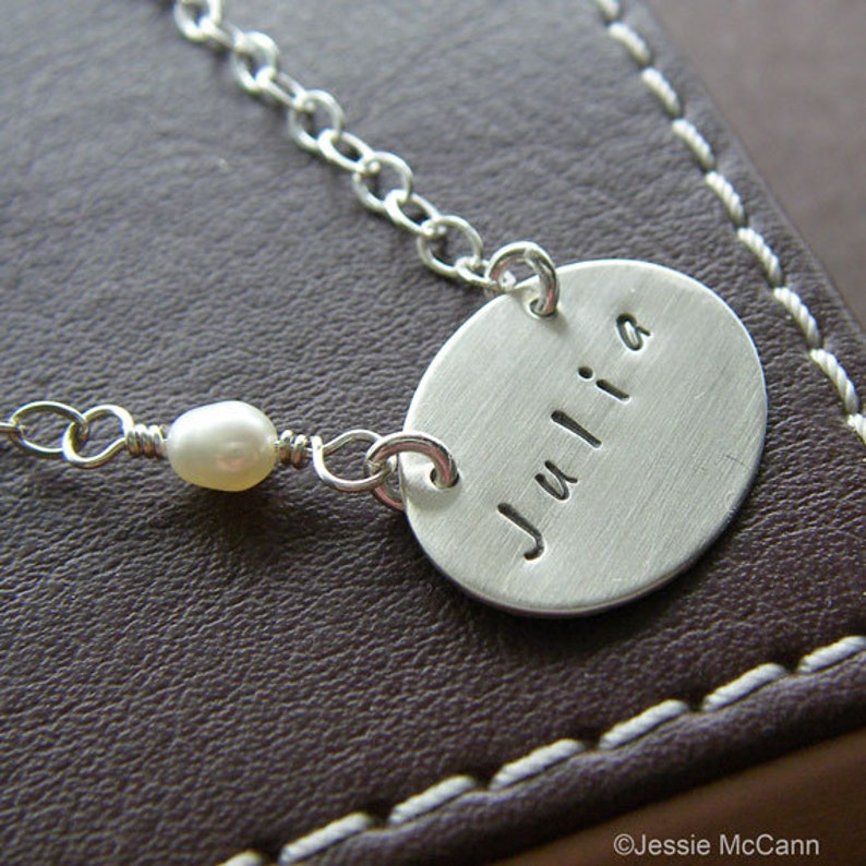 Personalized Silver Charm Necklace Custom Hand Stamped Sterling Silver Charm Jewelry Petite Oval Connect with Birthstone or Pearl image 2