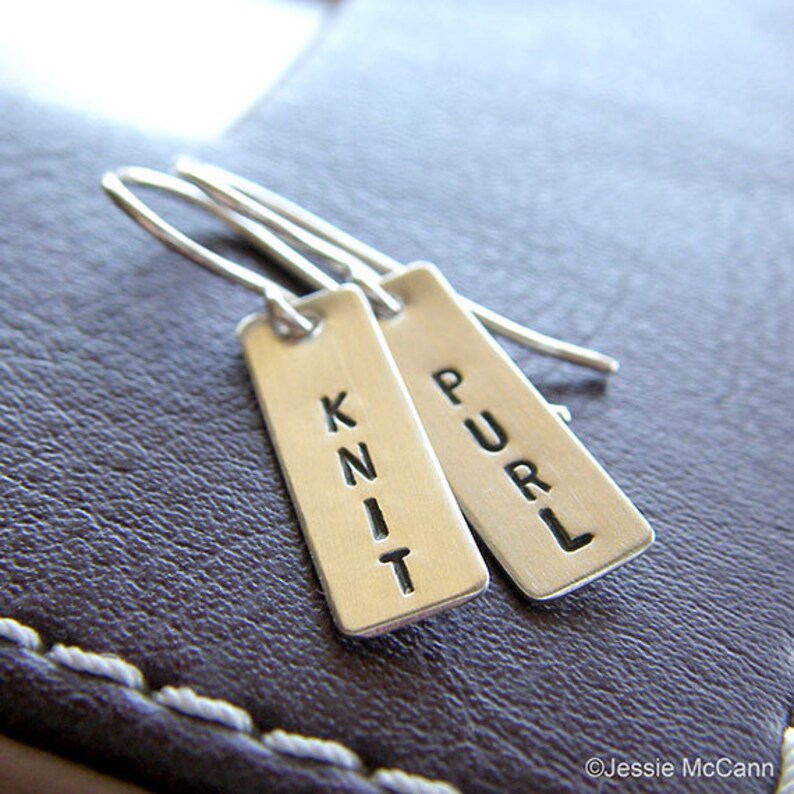 Personalized Knitter Earrings Hand Stamped Sterling Silver Knit and Purl Earrings Custom Jewelry for Knitters image 3