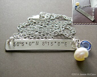 Longitude Latitude Silver Bar Necklace - Personalized GPS Coordinates - Hand Stamped Sterling Silver - Optional Birthstone or Pearl