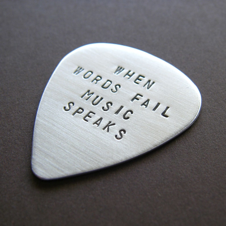 Custom Silver Guitar Pick Hand Stamped with Your Personalized Message Genuine Sterling Silver Pick with Leather Keychain Holder image 3