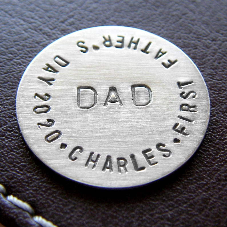 First Father's Day Gift Custom Keepsake / Golf Marker with Leather Keychain Holder Optional Personalized Hand Stamped Sterling Silver image 3