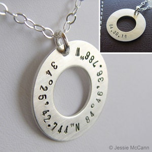 Longitude Latitude Silver Washer Necklace - Personalized GPS Coordinates - Hand Stamped Sterling Silver - Optional Birthstone or Pearl
