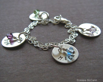 Personalized Bracelet - Custom Sterling Silver Hand Stamped Charm Jewelry - 1/2" Charms with Optional Birthstones or Pearls