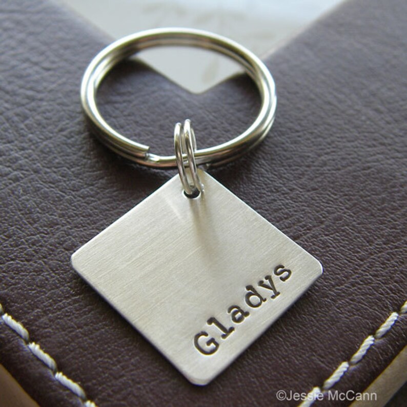 Custom Keychain Personalized Hand Stamped Sterling Silver 3/4 Square Key Chain Makes a Great Gift image 1