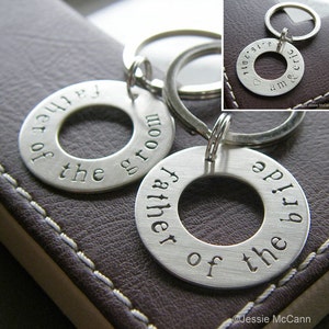 Personalized Washer Keychain Set for Father of the Bride and Father of the Groom - Hand Stamped Sterling Silver Key Chain
