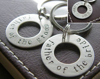 Personalized Washer Keychain Set for Father of the Bride and Father of the Groom - Hand Stamped Sterling Silver Key Chain