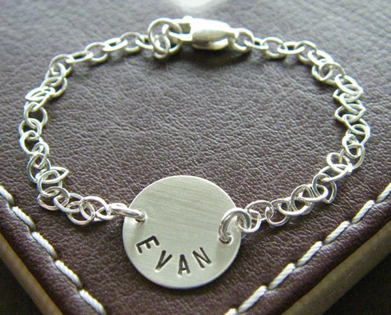 Personalized Name Bracelet Custom Hand Stamped Sterling Silver Charm Jewelry 1/2 Charms with Optional Birthstone or Pearl image 1