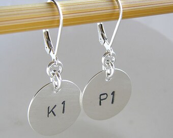 Knitter Earrings - Custom K1P1 Earrings - Personalized Hand Stamped Sterling Silver Jewelry for Knitters, with Leverbacks Ear Wire
