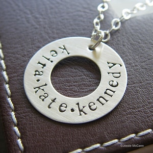 Custom Washer Pendant Necklace - Personalized Sterling Silver Hand Stamped Jewelry - Single Washer Pendant with Optional Birthstone or Pearl
