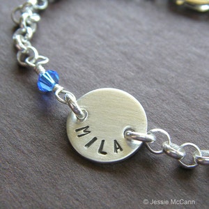 Custom Bracelet Personalized Sterling Silver Hand Stamped Charm Jewelry 1/2 Charm with Optional Birthstone in Rolo Chain image 3