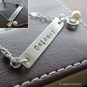 Personalized Silver Bar Bracelet Hand Stamped Genuine Sterling Silver Custom 1.5 Long Bar Bracelet Optional Birthstone or Pearl image 1