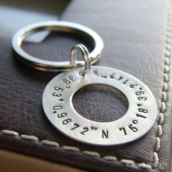Longitude Latitude Keychain with Silver Washer Charm - Personalized GPS Coordinates - Hand Stamped Sterling Silver - Custom Key Chain