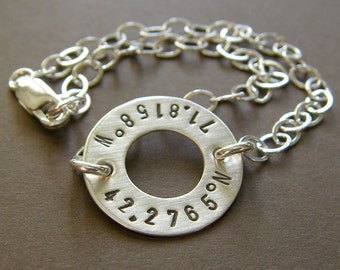 Longitude Latitude Silver Washer Bracelet - Personalized GPS Coordinates - Hand Stamped Sterling Silver - Optional Birthstone and Pearl