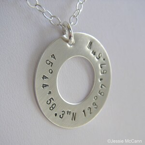 Longitude Latitude Silver Washer Necklace - Personalized GPS Coordinates - Hand Stamped Sterling Silver - Optional Birthstone or Pearl
