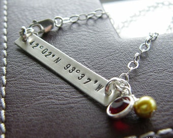 Longitude Latitude Silver Bar Bracelet - Personalized GPS Coordinates - Hand Stamped Sterling Silver - Optional Birthstone or Pearl