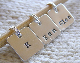 Personalized Knitting / Crochet Stitch Markers - Hand Stamped Sterling Silver - Set of 3 Removable 1/2" Square Stitch Markers - Gift Set