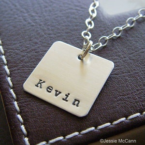 Personalized Silver Charm Necklace – Hand Stamped Sterling Silver – Single 3/4&quot; Square Charm - Optional Birthstone or Pearl