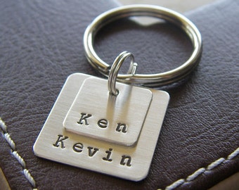 Custom Keychain - Personalized Hand Stamped Sterling Silver - Two Layered Square Mini Key Chain - Makes a Great Gift!