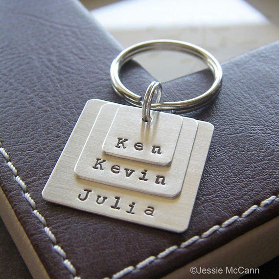 Custom Keychain Personalized Hand Stamped Sterling Silver Three Layered ...