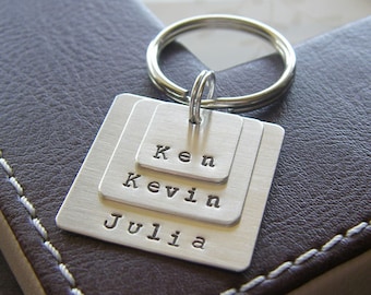 Custom Keychain - Personalized Hand Stamped Sterling Silver - Three Layered Square Key Chain - Great Gift for Mom or Dad!