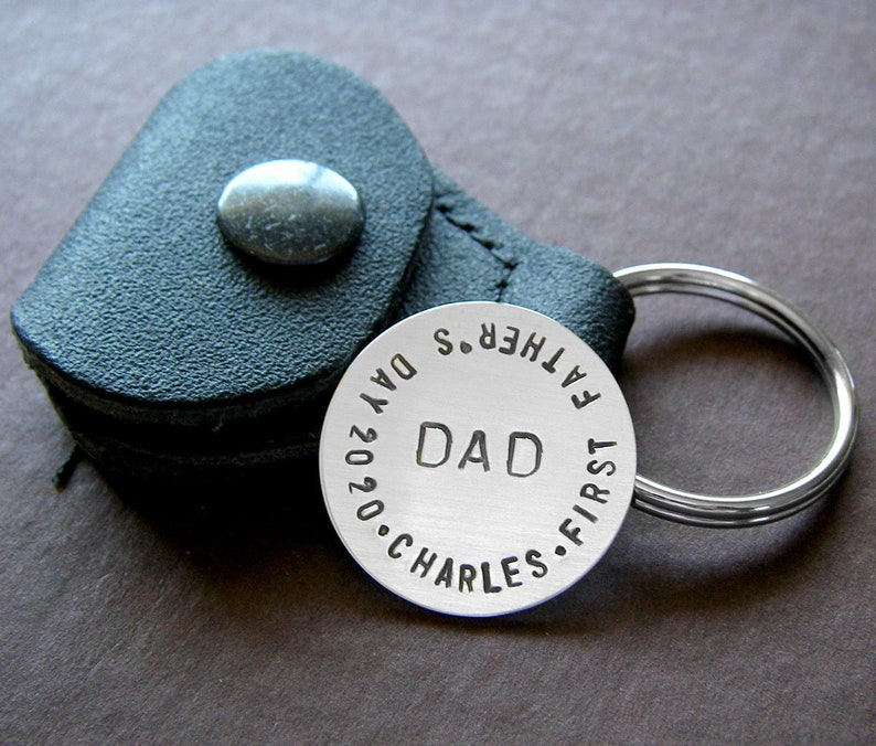 First Father's Day Gift Custom Keepsake / Golf Marker with Leather Keychain Holder Optional Personalized Hand Stamped Sterling Silver image 1